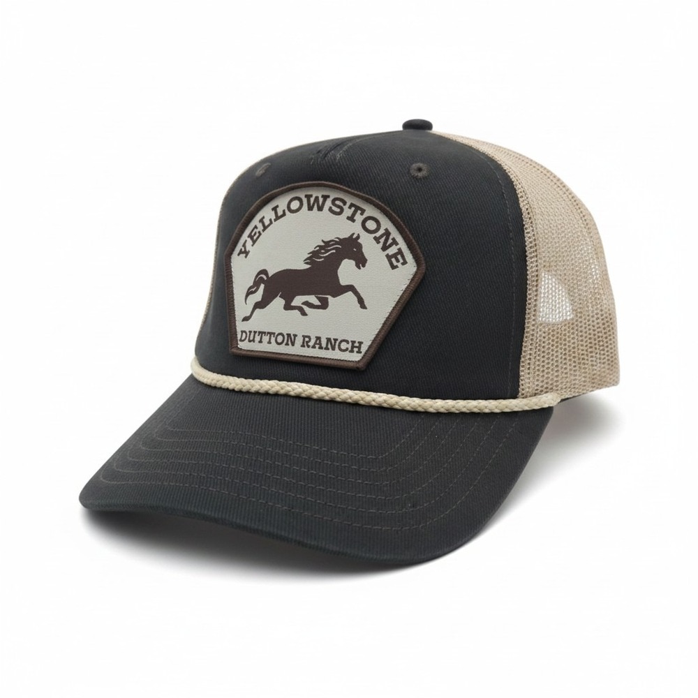 Yellowstone Dutton Ranch Trucker Hat Snapback Mesh Cap Charcoal Tan Horse Patch